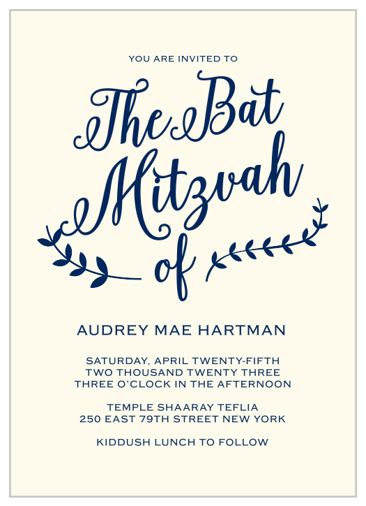 Impress your guests with the Lovely Lettering Bat Mitzvah Invitations. This typographic design invites your guests in a slanted, ornate script using our vast section of colors.