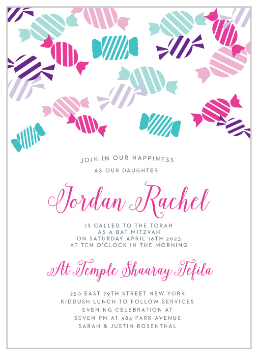 Celebrate your daughter's coming of age with these colorful Candy Party Bat Mitzvah Invitations, which perfectly capture the transition from childhood to adulthood that your daughter is experiencing.