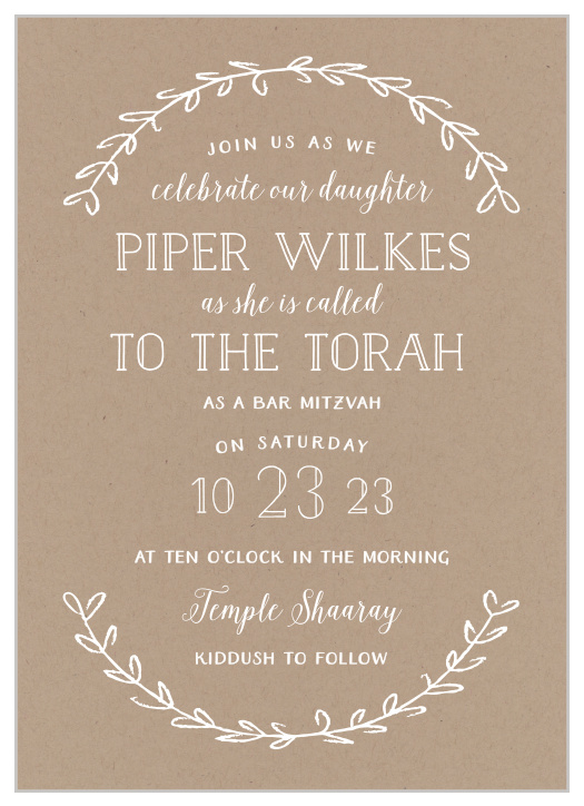Gently framed by stylized olive branches and with three different typefaces, the text on these Rustic Party Bat Mitzvah Invitations provides a beautiful introduction to your daughter's beautiful day.