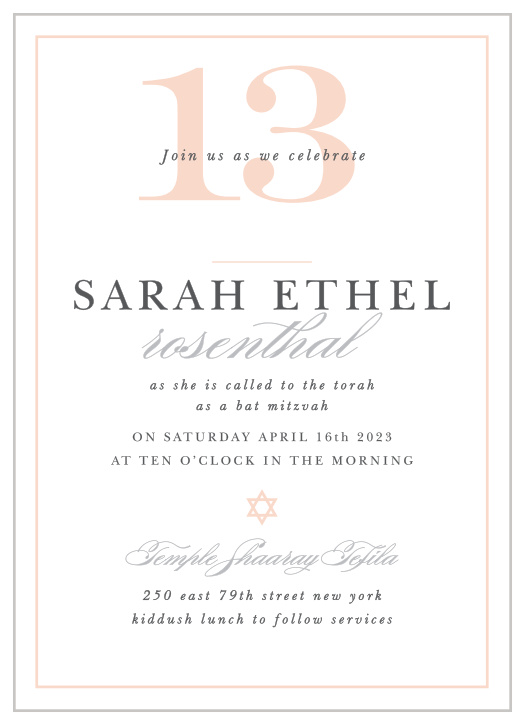 Thrilling Thirteen Bat Mitzvah Invitations are ideal when you're looking for a classic, elegant card.