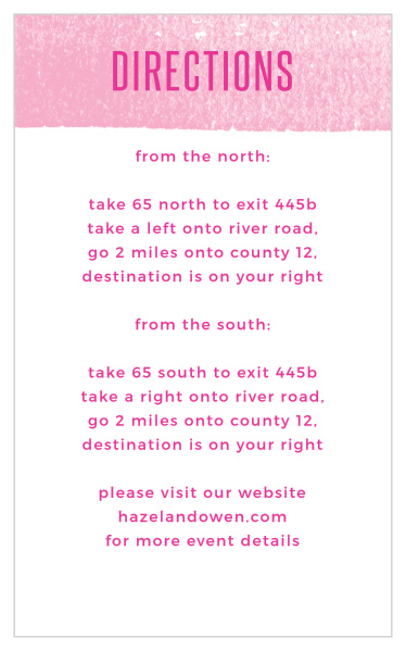 Featuring a broad stroke of watercolor paint to serve as the background for the title, these Watercolor Stripes Bat Mitzvah Direction Cards are a wonderful way to guide your guests to the venue of your choice.