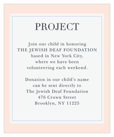 After you choose a project, keep your guests informed with Pomegranate Bouquet Bat Mitzvah Project Cards.