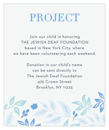 After you've chosen a project, focus your guests' efforts with Floral Star Bat Mitzvah Project Cards.