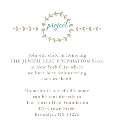 The Back to Nature Bat Mitzvah Project Cards retain the simply, classic feel of the matching invitation set.