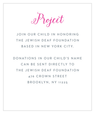 The Candy Party Bat Mitzvah Project Cards retain the cute, simple feel of the matching invitation set. 