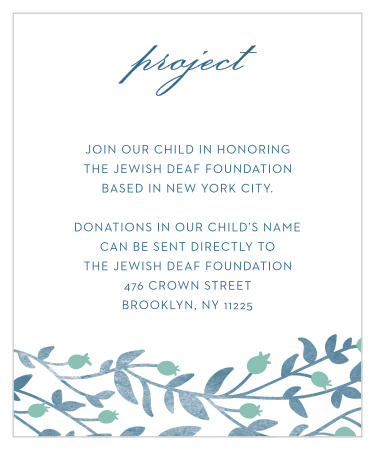 After you choose a project, keep your guests informed with Vintage Vines Bat Mitzvah Project Cards.