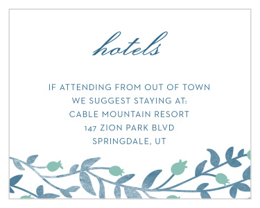 Enchanting leaves trail along the top and the bottom of the Vintage Vines Foil Bat Mitzvah Lodging Cards.