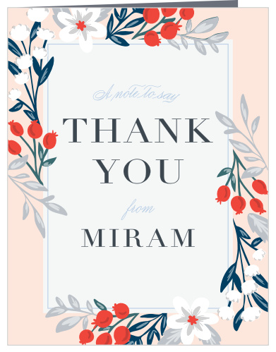 Enchanting foliage trail along the sides of the Pomegranate Bouquet Bat Mitzvah Thank You Cards.