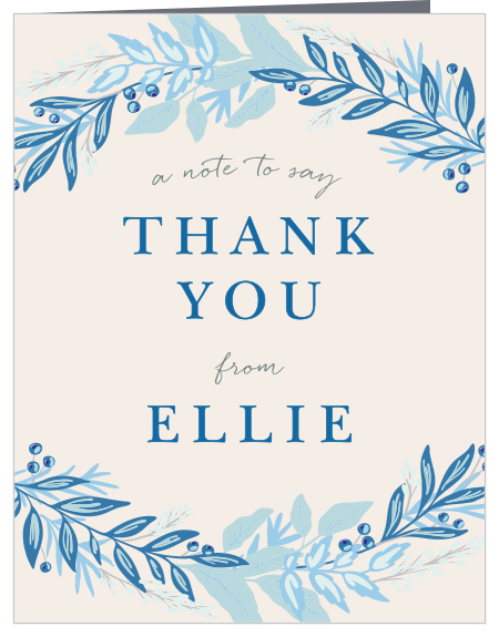 With a cascade of leaves in varying shades of blue surrounding the text in the center, these Regal Wreath Bat Mitzvah Thank You Cards radiate elegance.