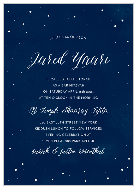 Dotted with bright celestial bodies, the Starry Night Bar Mitzvah Invitations can leave your guests as awestruck as the night sky itself.