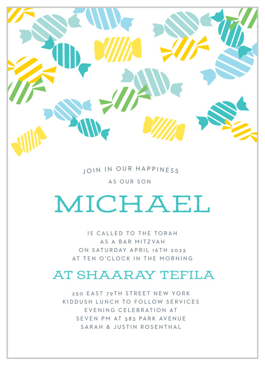 Celebrate your son's coming of age with these colorful Candy Party Bar Mitzvah Invitations, which perfectly capture the transition from childhood to adulthood that your son is experiencing.
