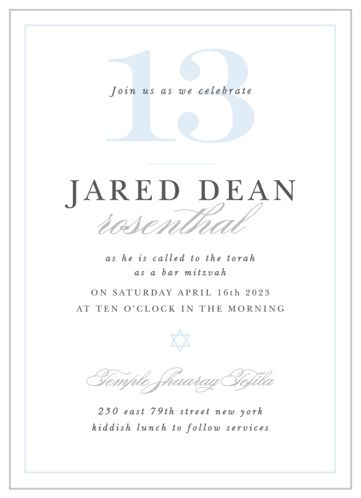 Thrilling Thirteen Bar Mitzvah Invitations are ideal when you're looking for a classic, elegant card.