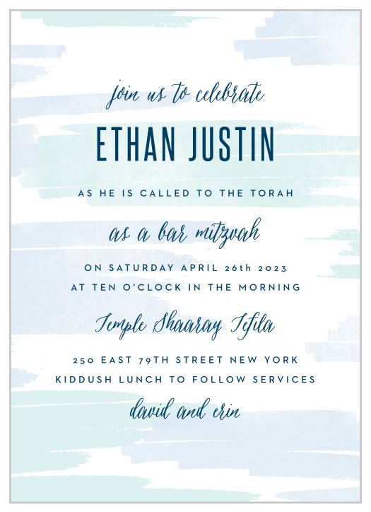 Announce your son's coming of age with our soft Pleasant Paintbrush Bar Mitzvah Invitations.