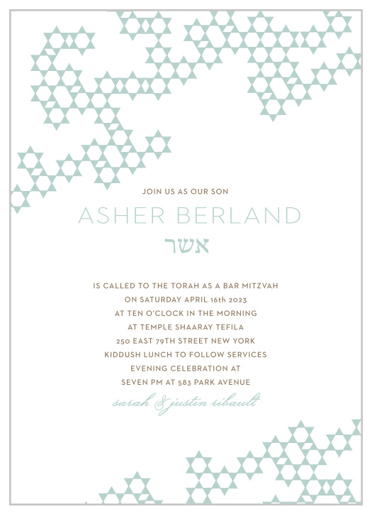 Featuring intricately connected Stars of David cascading across their cover, Star Pattern Bar Mitzvah Invitations are a wonderful way to invite your loved ones to your son's special celebration.