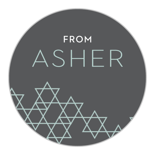 In stark contrast from the rest of the suite, the background of our Star Pattern Bar Mitzvah Stickers is a cool french gray.