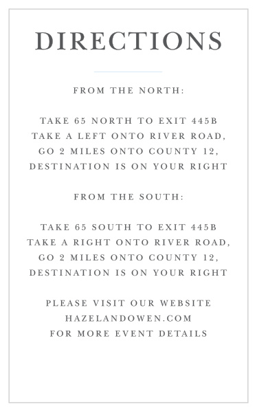 On these Thrilling Thirteen Bar Mitzvah Direction Cards, a short line in the suite's accent color separates the title from the step-by-step directions, which are written in the same upscale, transitional font as the primary invitations.