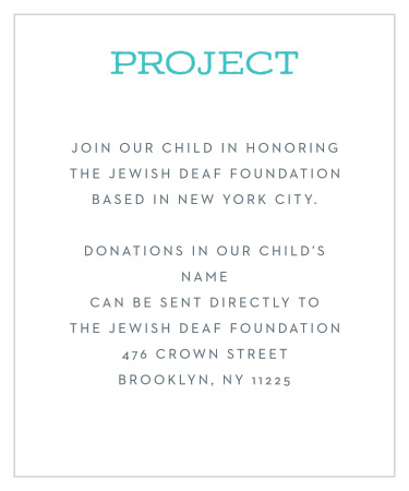 Focus your guests' efforts where they're needed most with the Candy Party Bar Mitzvah Project Cards.