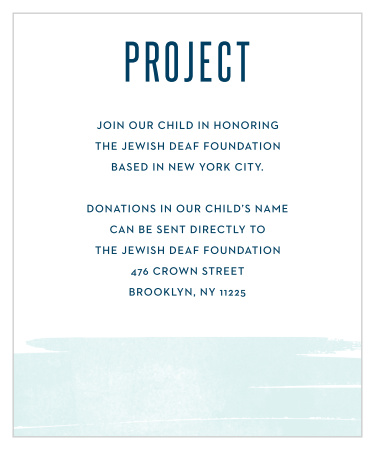 After you choose a project, keep your guests informed with Pleasant Paintbrush Bar Mitzvah Project Cards. 