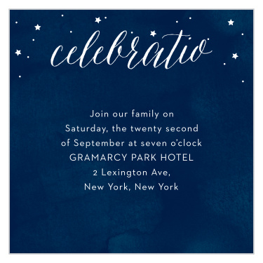 With a halo of stars surrounding the title of these Starry Night Bar Mitzvah Reception Cards, as well as a background smudged with various shades of blue to give the appearance of an actual night sky, these cards are an excellent choice for inviting your family and friends to your celebration.