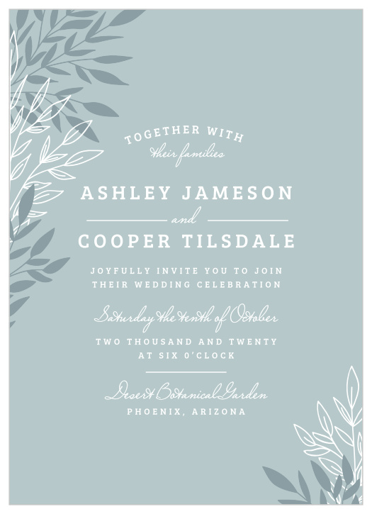 A background the color of quiet rain, a collection of leaves growing steadily upward in alternating slate green and soft ecru, and two typefaces that together express a shy elegance: Lakeside Leaves Wedding Invitations are perfect for ensuring that all of your loved ones are in attendance.