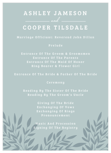 The light, quiet green background of our Lakeside Leaves Wedding Programs contrasts wonderfully with the ecru text covering it.