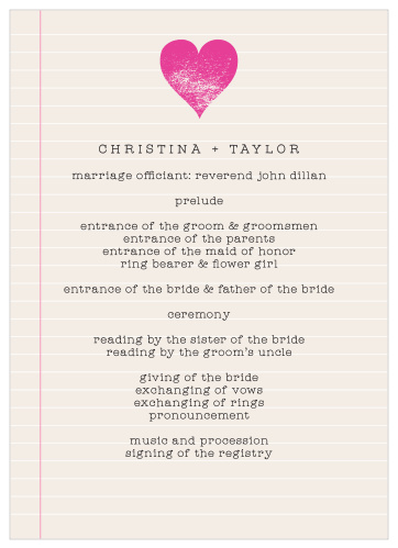 Passing Notes Wedding Programs utilize the same beautiful design as the rest of the Passing Notes suite: carefully yellowed note-paper creates an artificially aged background, which we then top with a vintage-style print and faded pink hearts.