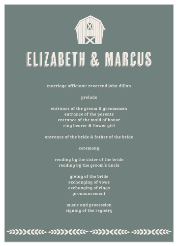 Do-Si-Do Wedding Programs feature a beautiful rock-green background, pearl-white typefaces, and various rural symbols along the top to tie them in with the rest of their wedding suite.