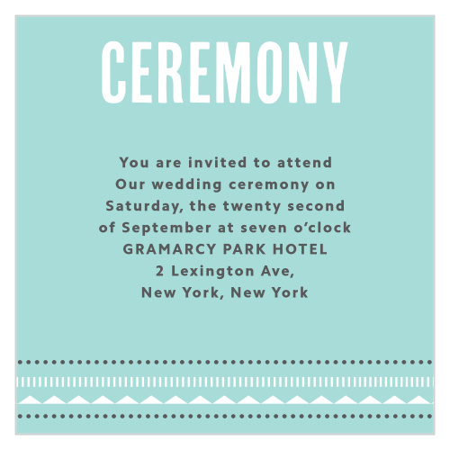 A bold, distinguished title tops our Deco Charm Ceremony Cards in a stunning white, creating a gorgeous contrast against the glass-blue background.