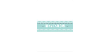 On a gorgeous, glass-blue background and striped with isometric shapes in a contrasting white, our Deco Charm Belly Bands are perfect for tying together the rest of your wedding package.