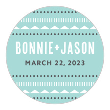For our Deco Charm Stickers, we've chosen that beautiful shade of glass-blue to serve as a background for your names, the day of your wedding, and horizontal stripes made out of a series of isometric shapes.