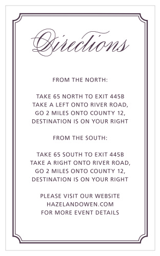 Careful calligraphy titles our Style & Grace Direction Cards in a deep, royal purple. 