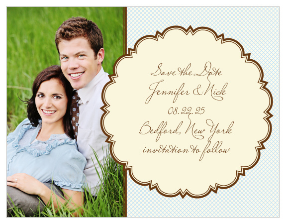 Our Scalloped Frames country chic layout is sure to be remembered for this save-the-date. The whole left side of the card is available for you to feature a photo of the couple.