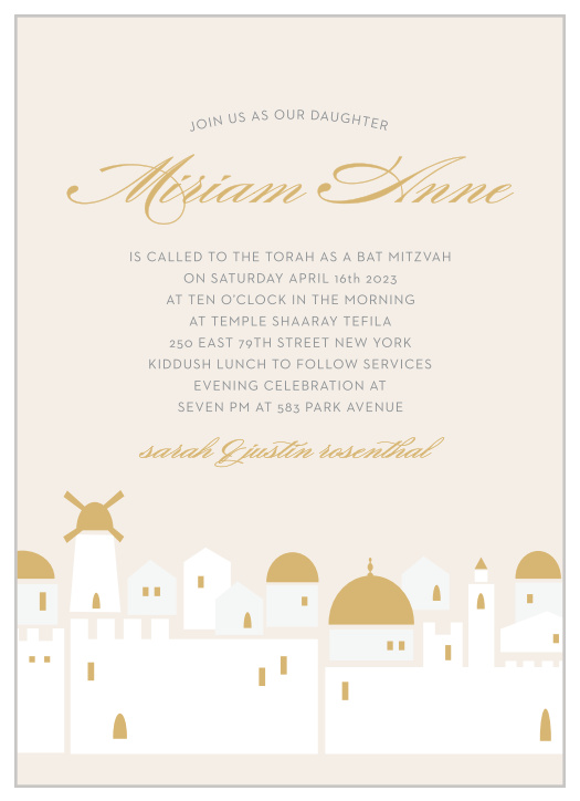 Invite your friends and family to your Bat Mitzvah with the Golden City Foil Bat Mitzvah Invitations.