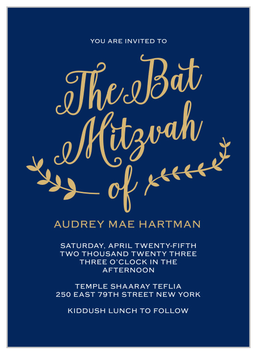 Impress your guests with the Lovely Lettering Foil Bat Mitzvah Invitations. This typographic design invites your guests in a slanted, ornate script available in our gold, silver, or rose gold foil