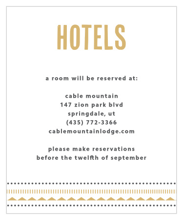 A bold, distinguished title tops our Deco Charm Foil Accommodation Cards in a shining gold foil, creating a gorgeous contrast against the pure white background.