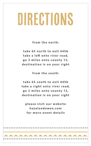 A bold, distinguished title tops our Deco Charm Foil Direction Cards in a shining gold foil, creating a gorgeous contrast against the pure-white background.