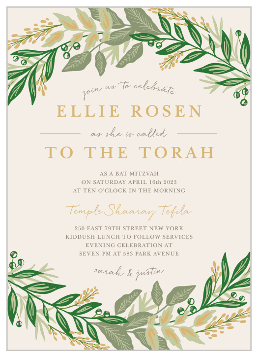 With a cascade of leaves in varying shades of blue surrounding the text in the center, these Regal Wreath Foil Bat Mitzvah Invitations radiate elegance.