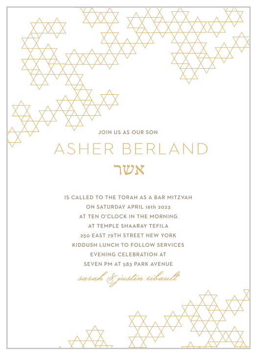 Featuring intricately connected Stars of David cascading across their cover, Star Pattern Foil Bar Mitzvah Invitations are a wonderful way to invite your loved ones to your son's special celebration.