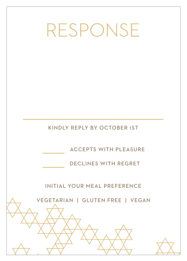 A simple gold foil title adorns the top of our Star Pattern Foil Bar Mitzvah RSVP Cards, separated from the guest response area by a thin line.