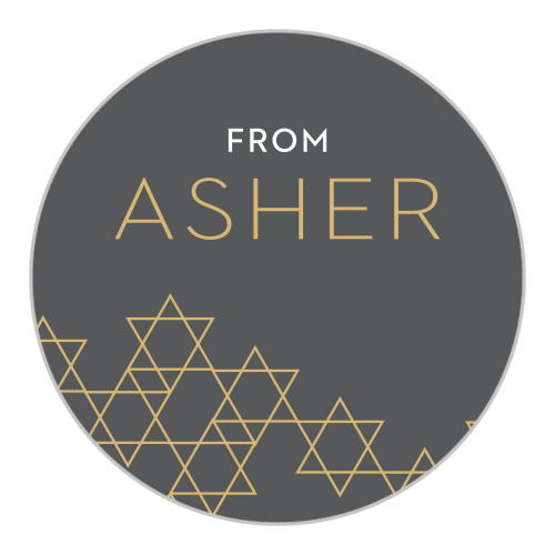 In stark contrast from the rest of the suite, the background of our Star Pattern Foil Bar Mitzvah Stickers is a cool french gray.
