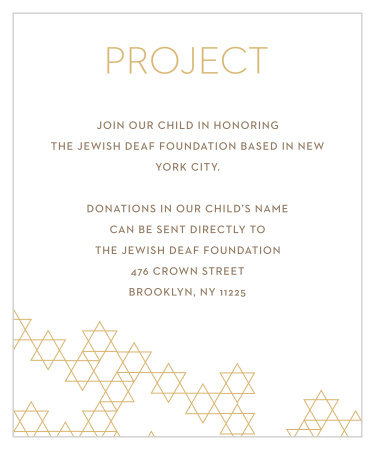 Pick a project and make sure your guests are all on the same page with Star Pattern Foil Bar Mitzvah Project Cards.