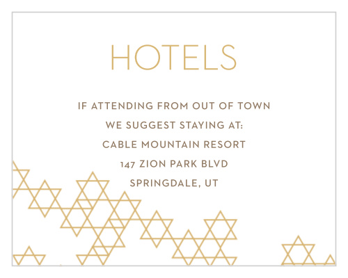 Stars of David soar across the bottom of our Star Pattern Bar Mitzvah Lodging Cards in gold foil, matching the color of the title above.