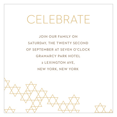 We've built our Star Pattern Foil Bar Mitzvah Reception Cards on a foundation of intricately connected Stars of David, titled them in gold foil text, and added an informational paragraph in mocha brown. 
