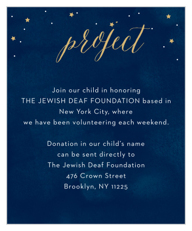 Focus your guests' efforts where they're needed most with Starry Night Foil Bar Mitzvah Project Cards.