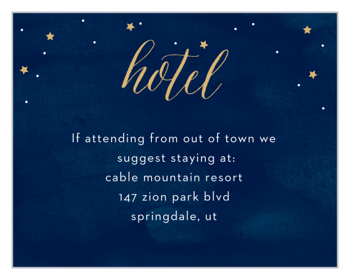 Make sure your guests find the best local accommodations with Starry Night Foil Bar Mitzvah Lodging Cards.