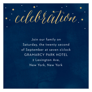 With a halo of stars surrounding the title of these Starry Night Foil Bar Mitzvah Reception Cards, as well as a background smudged with various shades of blue to give the appearance of an actual night sky, these cards are an excellent choice for inviting your family and friends to your celebration.