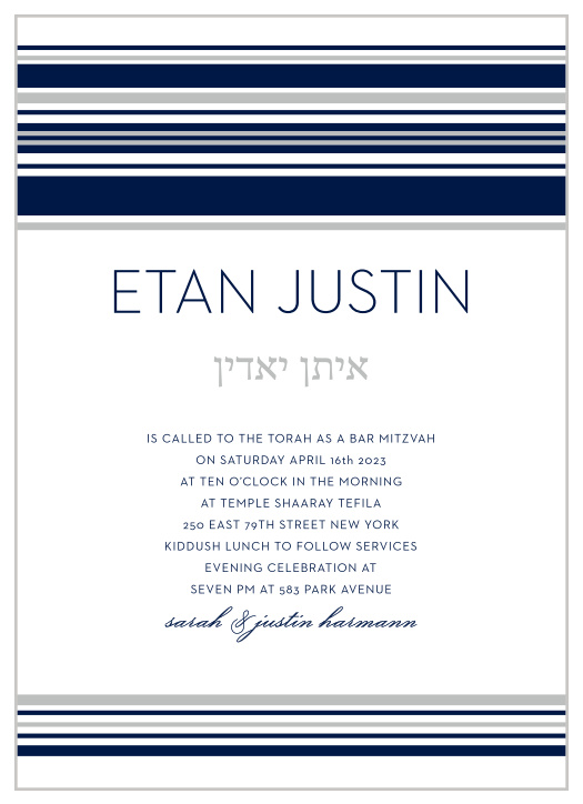 With soft silver and classic blue lines as the primary designs, Mod Tallis Foil Bar Mitzvah Invitations embody a minimalistic design.