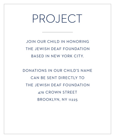 Find the perfect project for your son's Bar Mitzvah, then use Mod Tallis Foil Bar Mitzvah Project Cards to ensure that all donations go to the same cause.