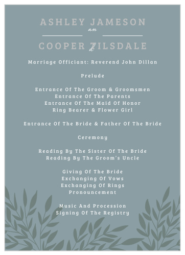 The light, quiet green background of our Lakeside Leaves Foil Wedding Programs contrasts wonderfully with the ecru text covering it.