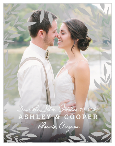 Our lovely Lakeside Leaves Foil Save-the-Date Magnets serve as a gorgeous reminder of your upcoming wedding.